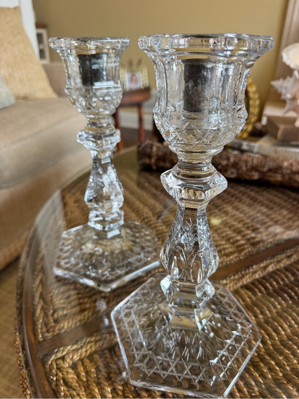 Vintage pair heavy lead crystal candlesticks featuring faceted baluster stems.